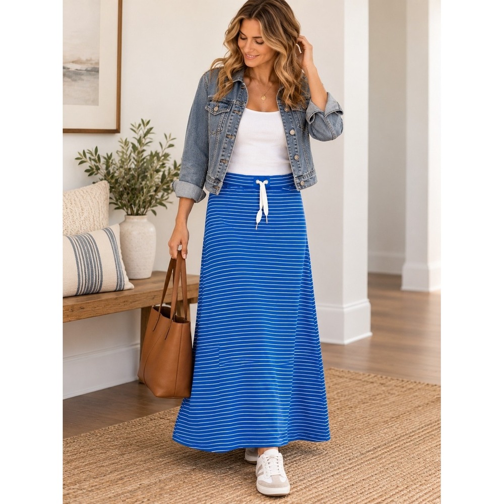 Lauren Jeans Co Ralph Lauren Blue White Striped Maxi Skirt M Drawstring Size M